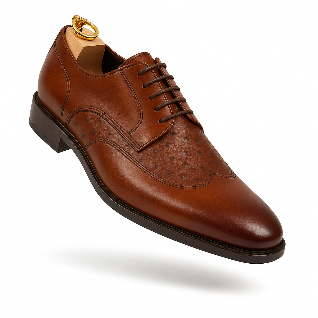 Mens Carrucci Ostrich Embossed Leather Wingtip Dress Shoe in Oxblood - 8