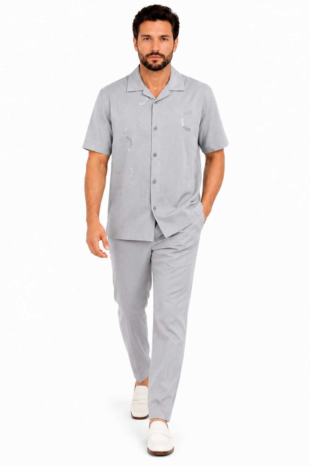 Men’s Light Gray Embroidered Walking Suit Set – 2 Piece Short Sleeve Casual Outfit - S