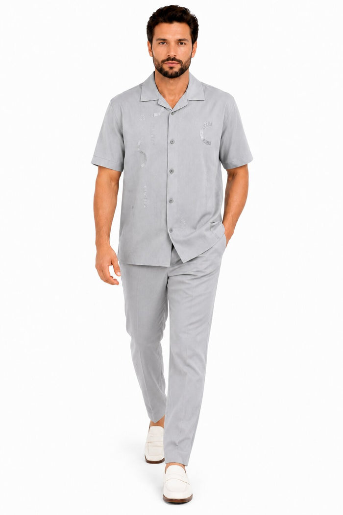 Men’s Light Gray Embroidered Walking Suit Set – 2 Piece Short Sleeve Casual Outfit
