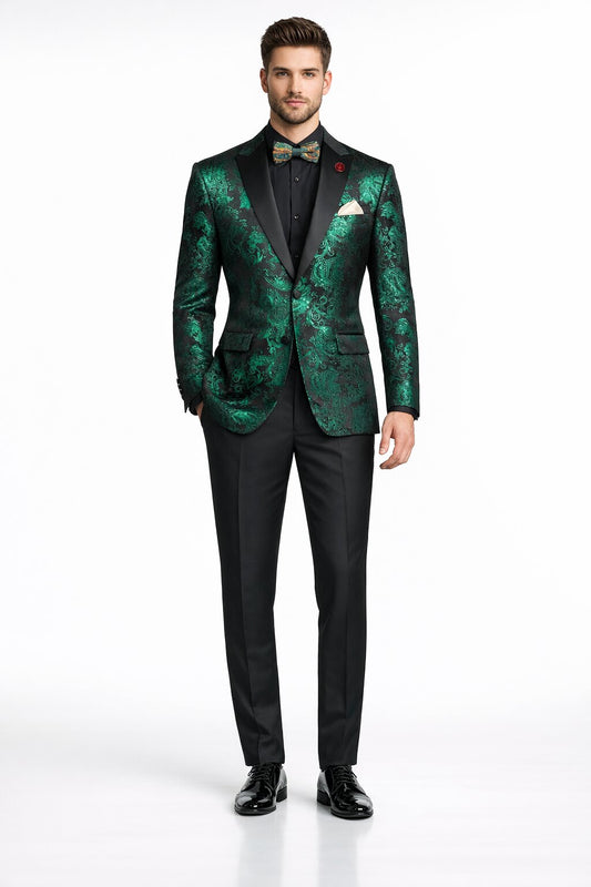 Emerald Green Paisley Tuxedo Suit - Prom Floral Tuxedo Suit - Groom Wedding Suit