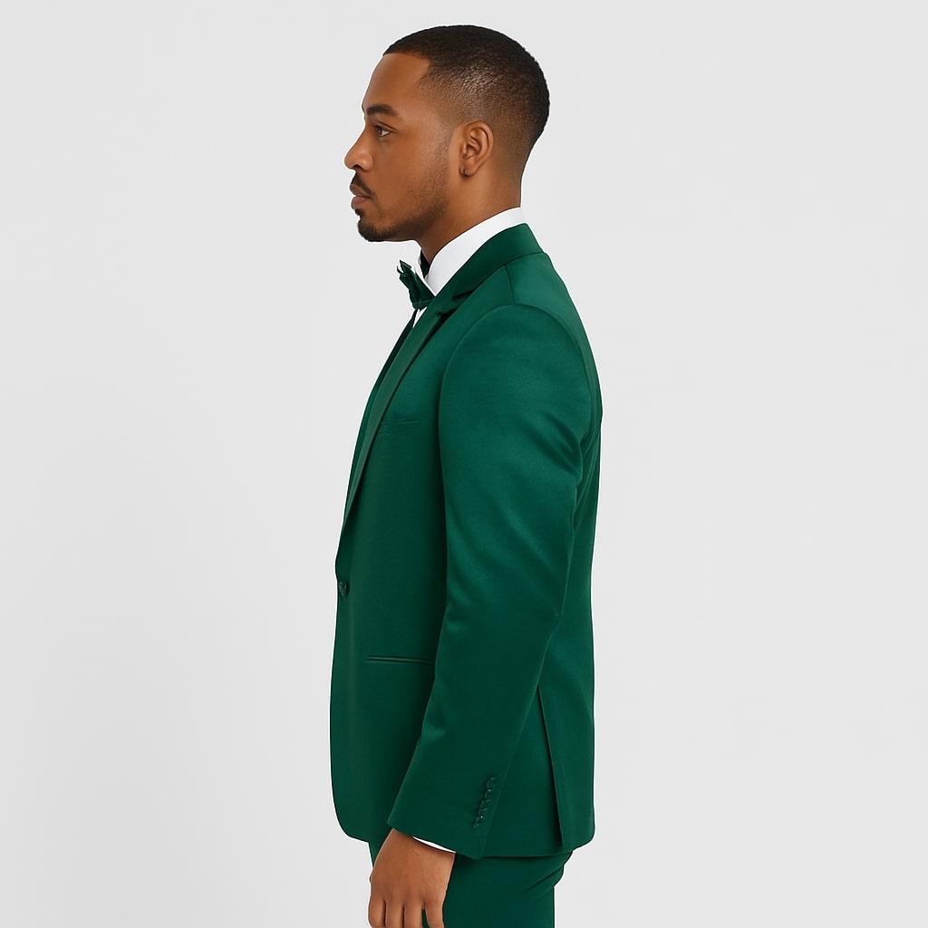 Emerald Green Satin Tuxedo Set â€“ Formal 4-Piece Outfit for Prom or Wedding - 34R Coat - 28 Waist