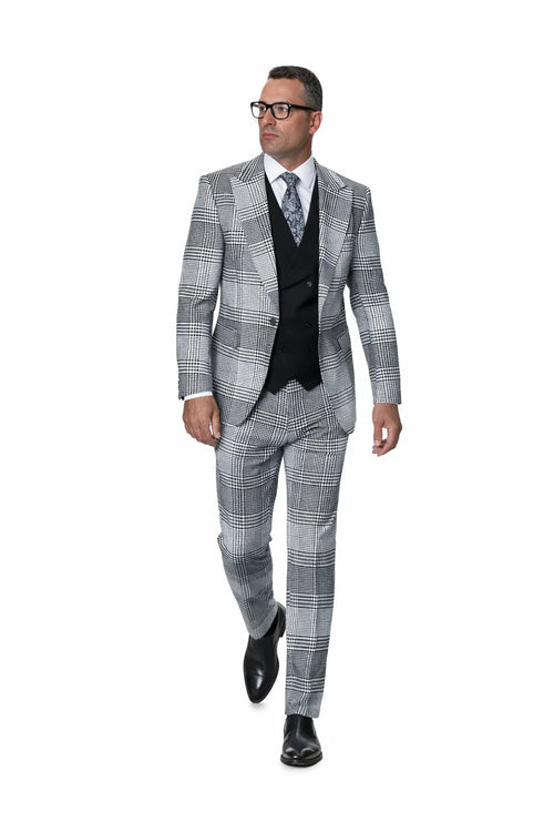 Statement Mens 3-Piece Plaid Wool Suit 100% Wool Modern Fit with Peak Lapel