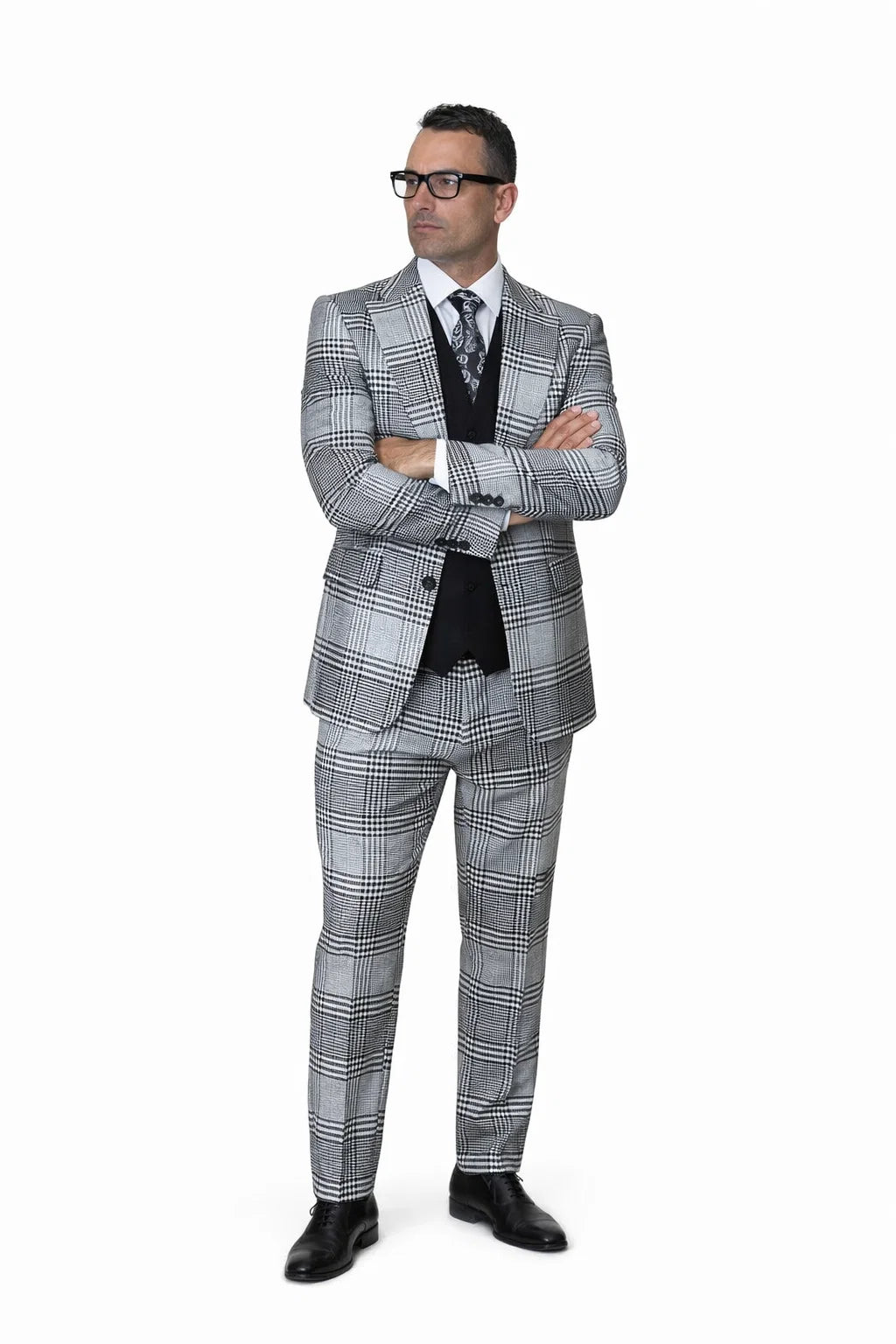 Statement Men’s 3-Piece Plaid Wool Suit – 100% Wool Modern Fit with Peak Lapel - 38 Short Jacket+32 Waist Adjustable 28to34)(Height: 5 4 to5 7 )(Neck  15-16.5)S-M)