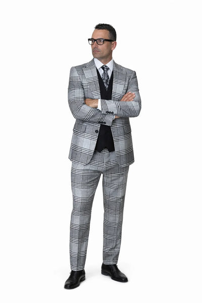 Statement Mens 3-Piece Plaid Wool Suit 100% Wool Modern Fit with Peak Lapel