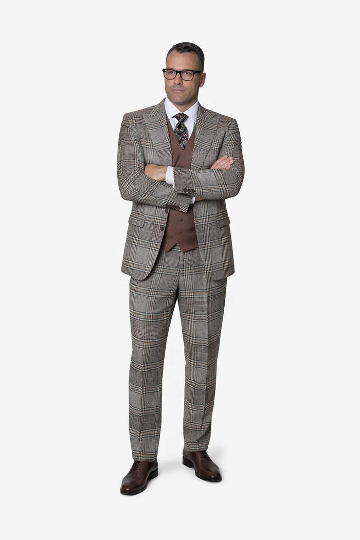 Statement Mens 3-Piece Plaid Wool Suit 100% Wool Modern Fit with Peak Lapel