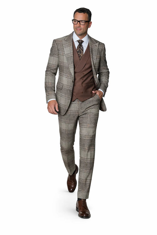 Statement Mens 3-Piece Plaid Wool Suit 100% Wool Modern Fit with Peak Lapel