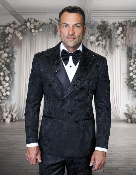 Statement Men's 2 Piece Modern Fit Double Breasted Tuxedo - Floral Rhinestone Design - 36R