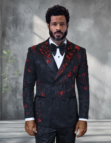 Statement Men's 2 Piece Modern Fit Double Breasted Tuxedo - Floral Rhinestone Design - 36R