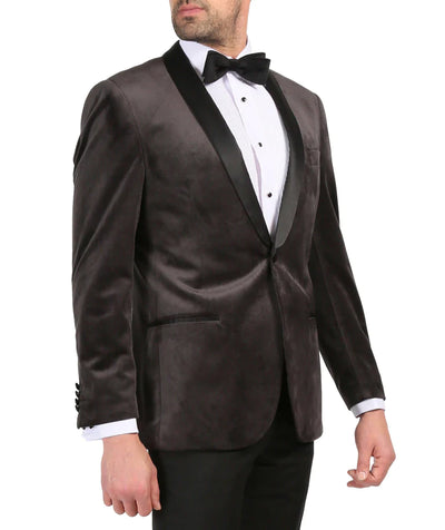 Grey  Slim  Fit Velvet Shawl Collar Tuxedo Blazer