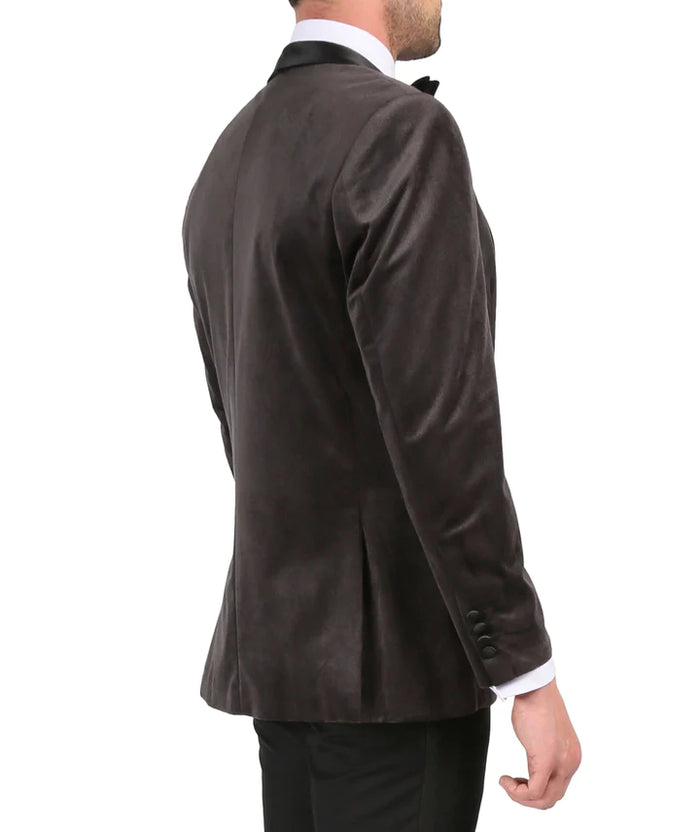 Grey  Slim  Fit Velvet Shawl Collar Tuxedo Blazer