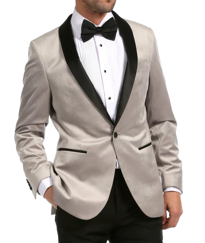 Enzo Light Grey Velvet Slim Fit Shawl Lapel Tuxedo Men's Blazer