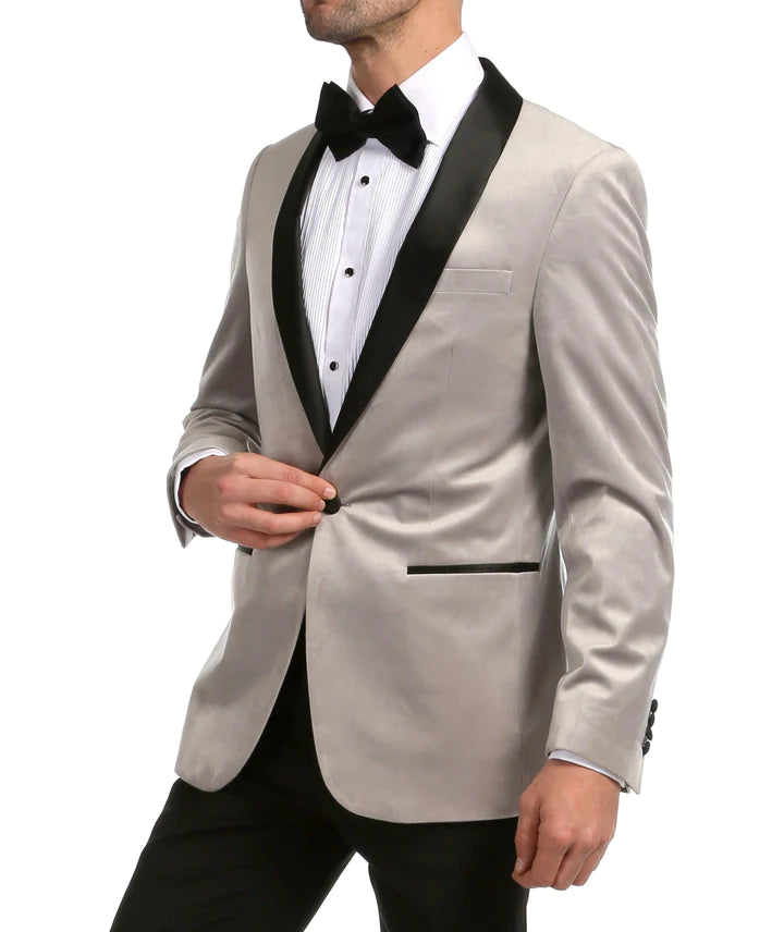 Enzo Light Grey Velvet Slim Fit Shawl Lapel Tuxedo Men's Blazer