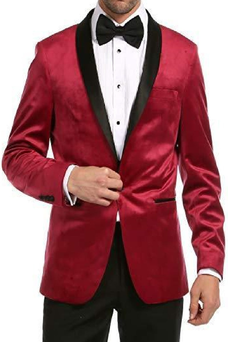 Enzo Maroon Velvet Slim Fit Shawl Lapel Tuxedo Men's Blazer