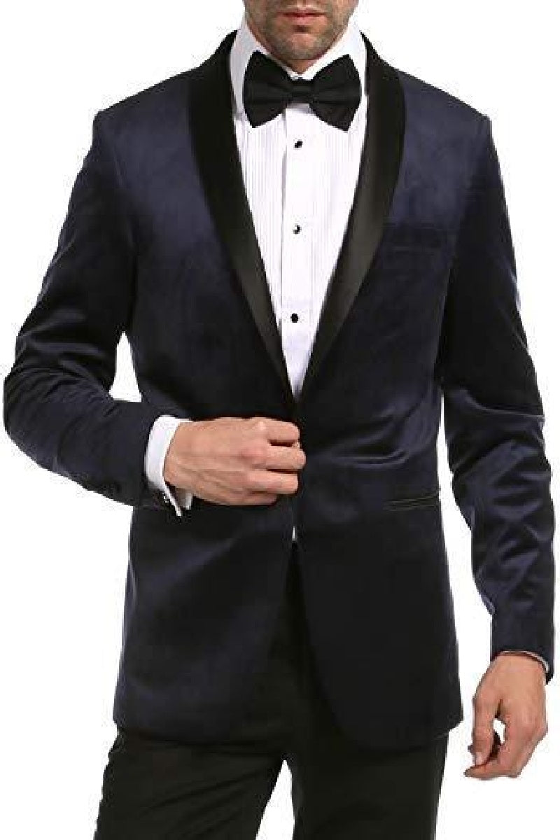 Enzo Navy Velvet Slim Fit Shawl Lapel Tuxedo Men's Blazer - 36 R