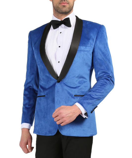 ENZO ROYAL BLUE SLIM FIT VELVET SHAWL TUXEDO BLAZER