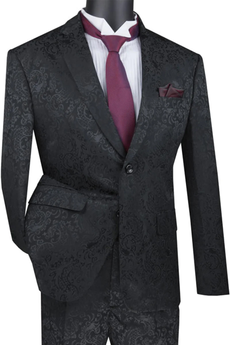 "Black Men's Slim Fit Paisley Wedding & Prom 2026 Suit - Shiny Finish" - 36 Short
