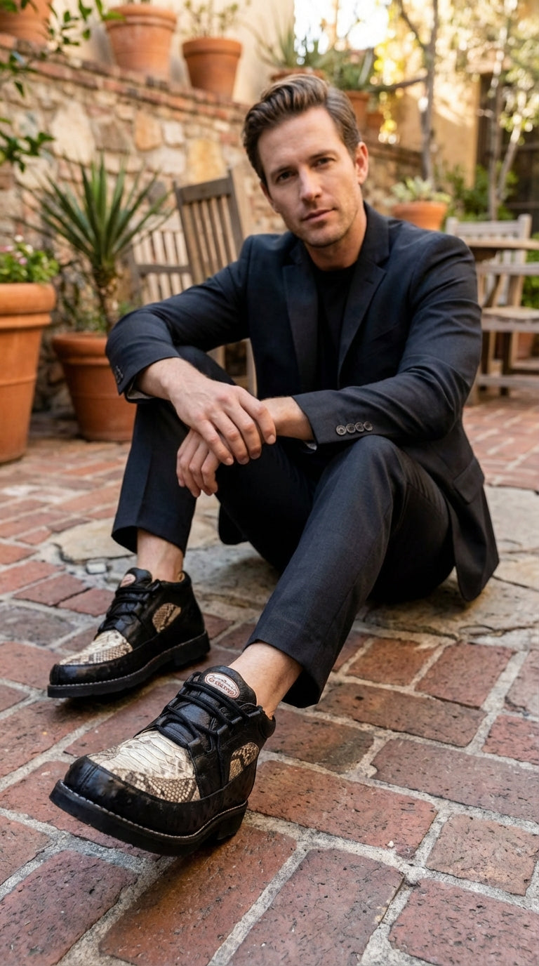 Mens Black and Natural Exotic Alligator Crocodile Casual Shoes Ostrich and Snakeskin Pattern Lace Up Dress Shoes - Boot By Los Altos