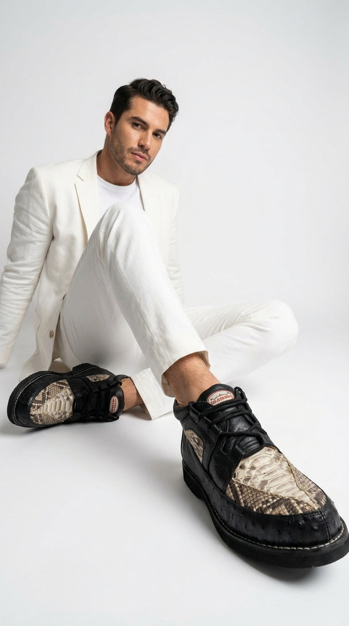 Mens Black and Natural Exotic Alligator Crocodile Casual Shoes Ostrich and Snakeskin Pattern Lace Up Dress Shoes - Boot By Los Altos