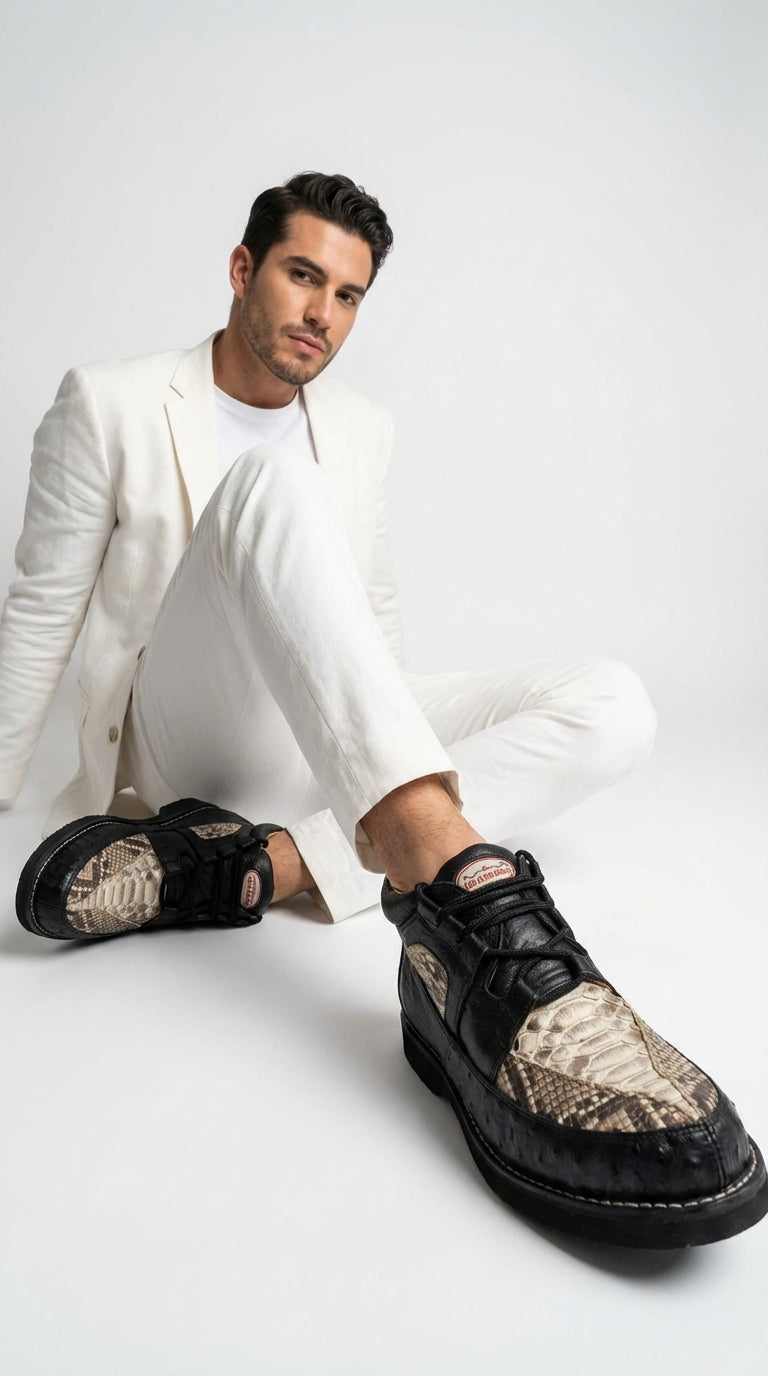 Mens Black and Natural Exotic Alligator Crocodile Casual Shoes Ostrich and Snakeskin Pattern Lace Up Dress Shoes - Boot By Los Altos