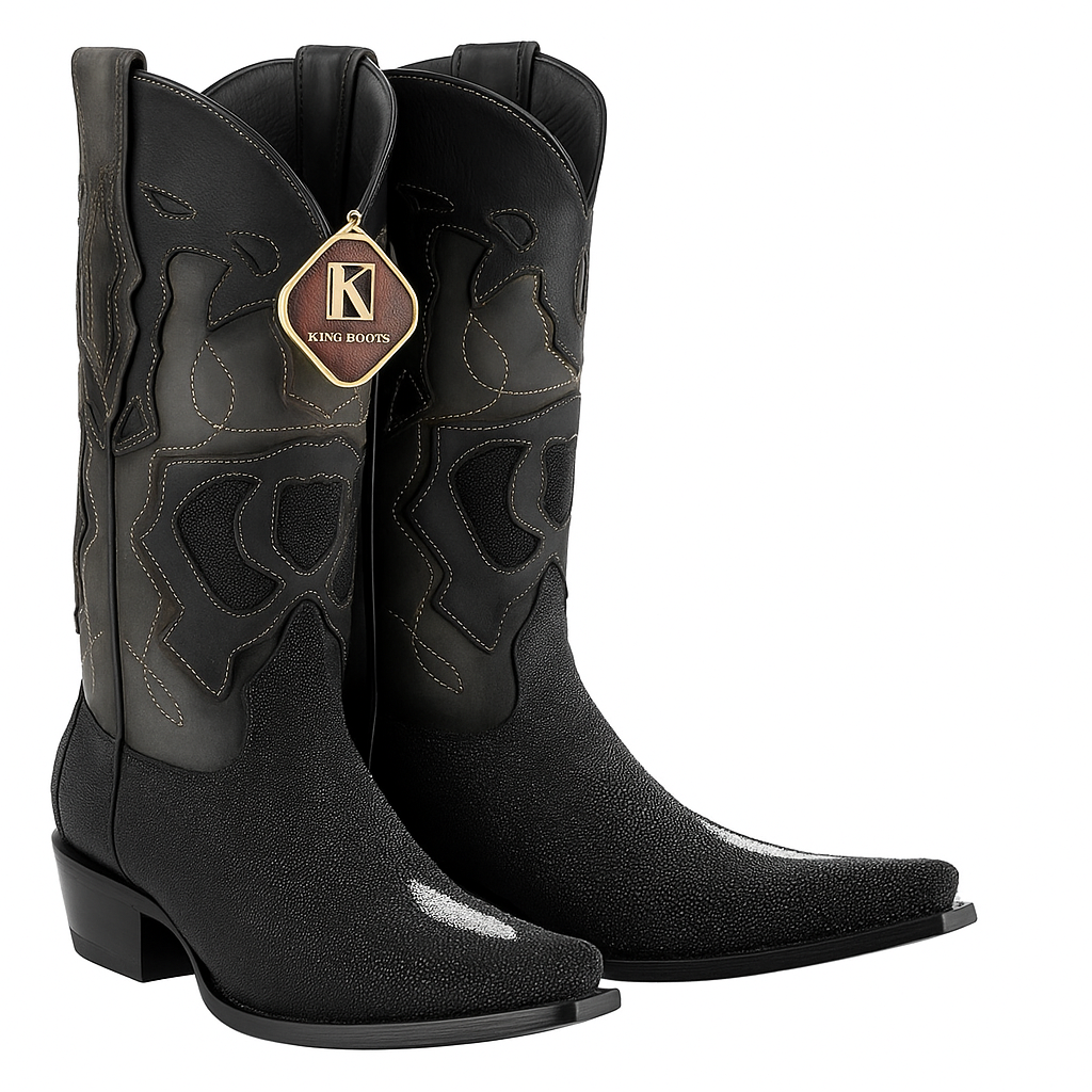 Men's King Exotic Snip Toe Stingray Boots Single Stone Handmade Black (494R1205) - 6 E