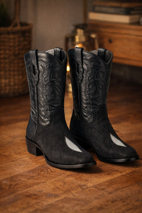 Los Altos Boots Single Stone Stingray R-Toe Black Cowboy Botas de mantarraya - Mantarraya boots-New Designer Collection