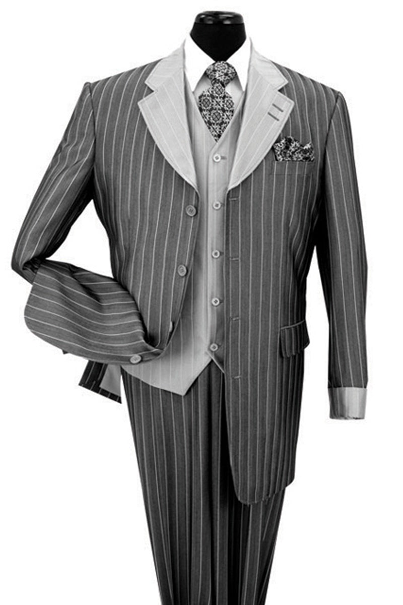 "Black Sharkskin Pinstripe Men's Zoot Suit with Vest - Fashionable"