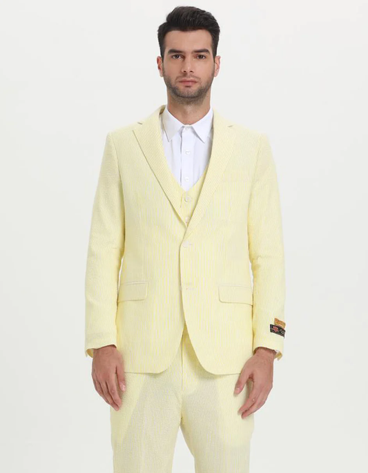 Best Mens Vested Summer Seersucker Suit in Yellow Pinstripe  - For Men  Fashion Perfect For Wedding or Prom or Business  or Church