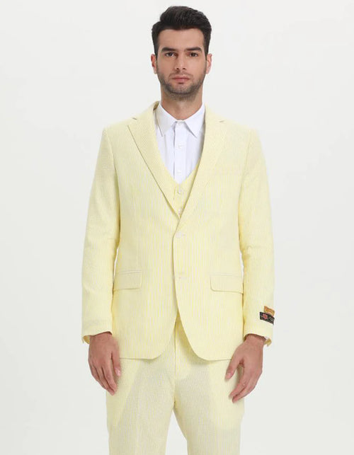 Kentucky Derby Seersucker Suits For Men - Big and Tall Seersucker Suit Mens Jacket + Pants Summer Seersucker Suit in Yellow Pinstripe