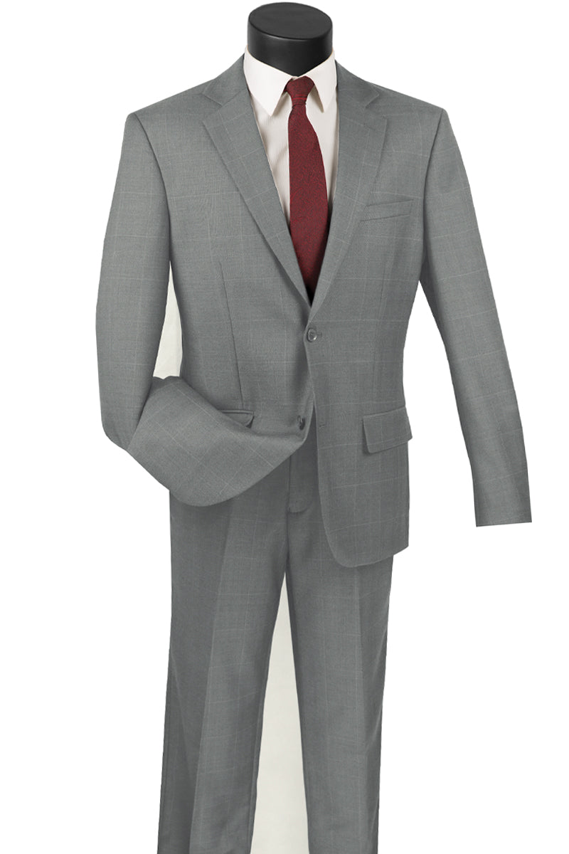 Mens Modern Fit 2 Button 100% Wool Windowpane Suit in Grey - 36 Short