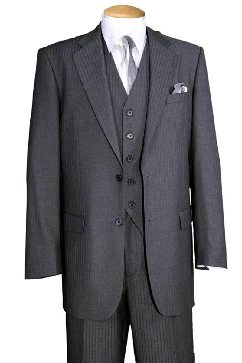 "Grey Pinstripe Wool Feel - Designer Brand Men's Suit with 2 Button Vest" - 58 Regular