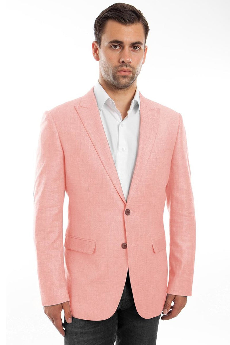 "Coral Pink Men's Summer Linen Blazer with Two Buttons"