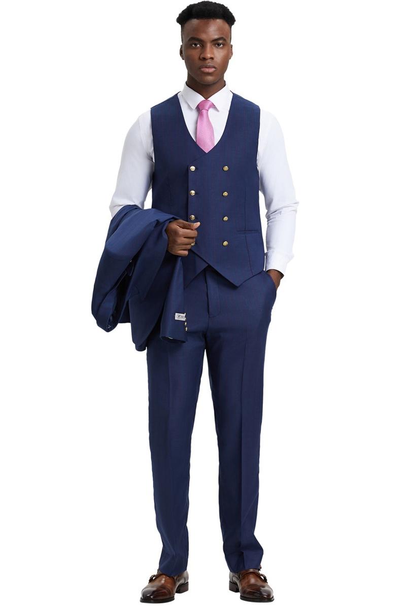 Men's Stacy Adams Vested One Button Side Peak Lapel Pinstripe Suit in Navy Blue - 38 Regular