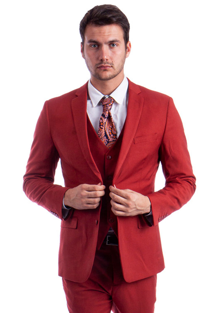 "Men's Slim Fit Two-Button Vested Suit in Solid Brick Color" - 34 Short