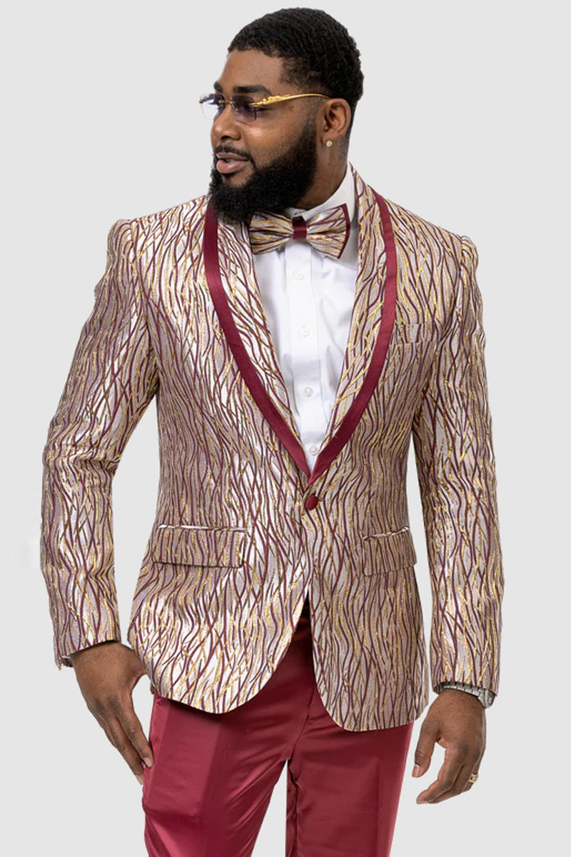 Mens Burgundy & Gold Wave Pattern Prom Tuxedo Dinner Jacket Blazer - 34