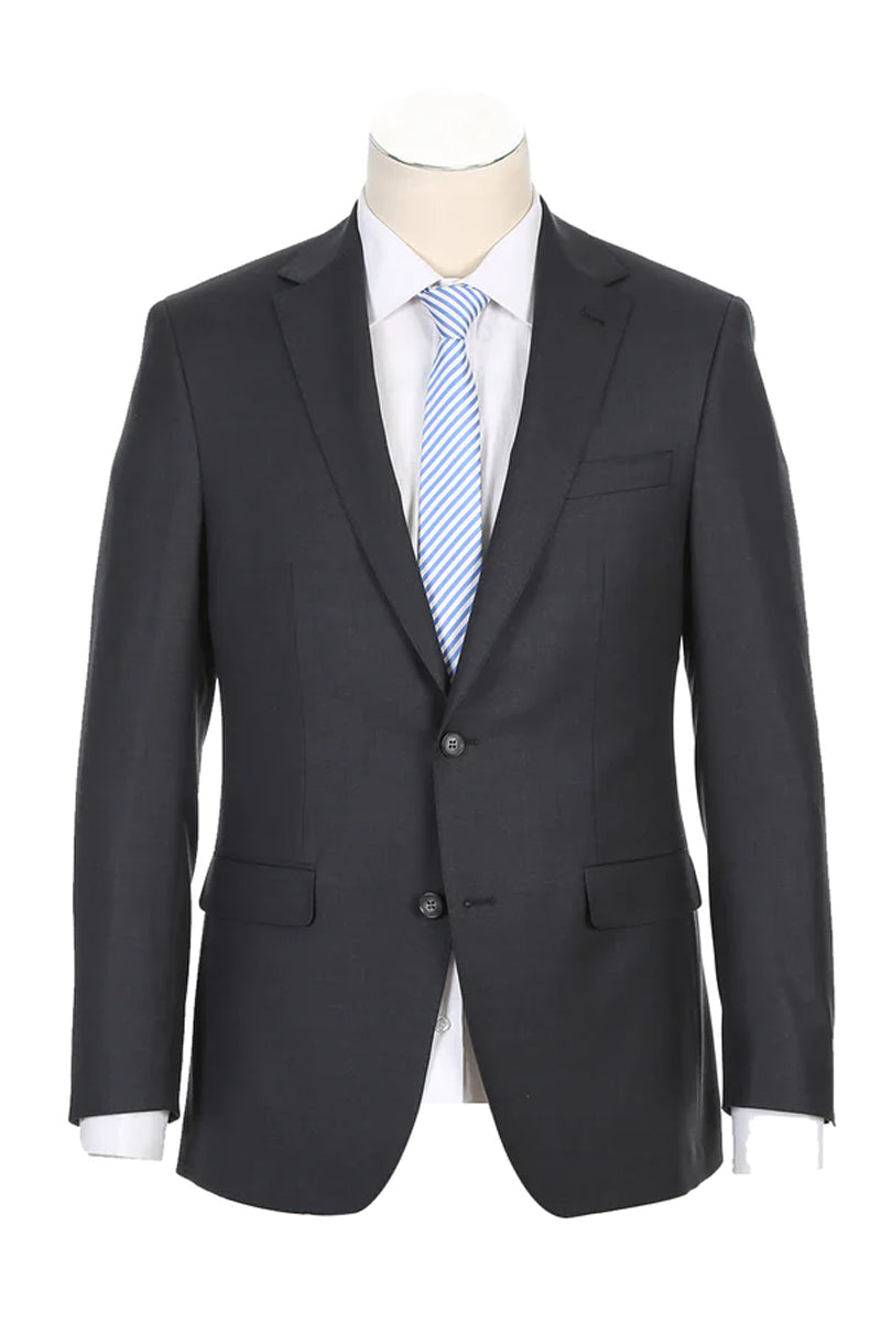 "Charcoal Grey Wool Suit: Classic Fit, Two-Button Designer Menswear"