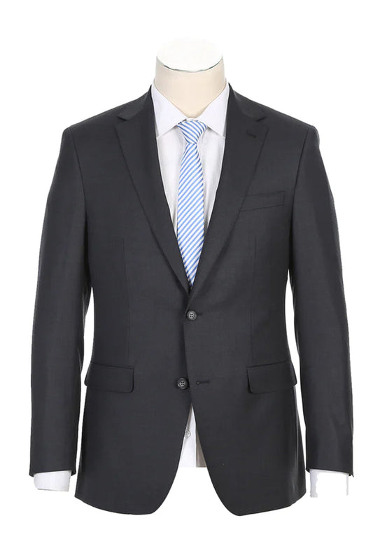 "Charcoal Grey Wool Suit: Classic Fit, Two-Button Designer Menswear"