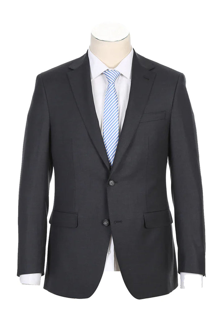 "Charcoal Grey Wool Suit: Classic Fit, Two-Button Designer Menswear"