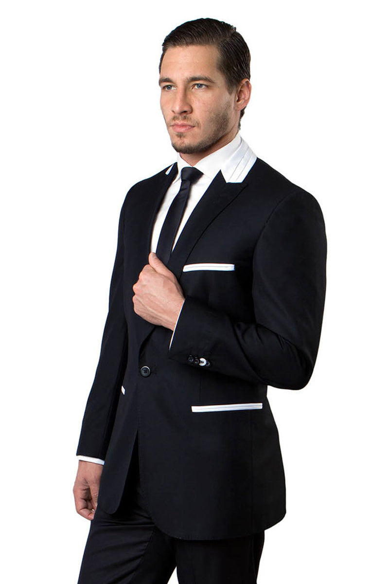 "Black Men's Fashion Suit with White Satin Trim - One Button Peak Lapel"