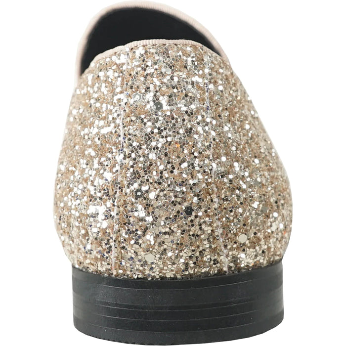 "Gold Sequin Prom 2026 Tuxedo Loafers - Modern Men's Glitter Buckle Shoes"
