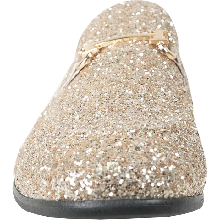 "Gold Sequin Prom 2026 Tuxedo Loafers - Modern Men's Glitter Buckle Shoes"