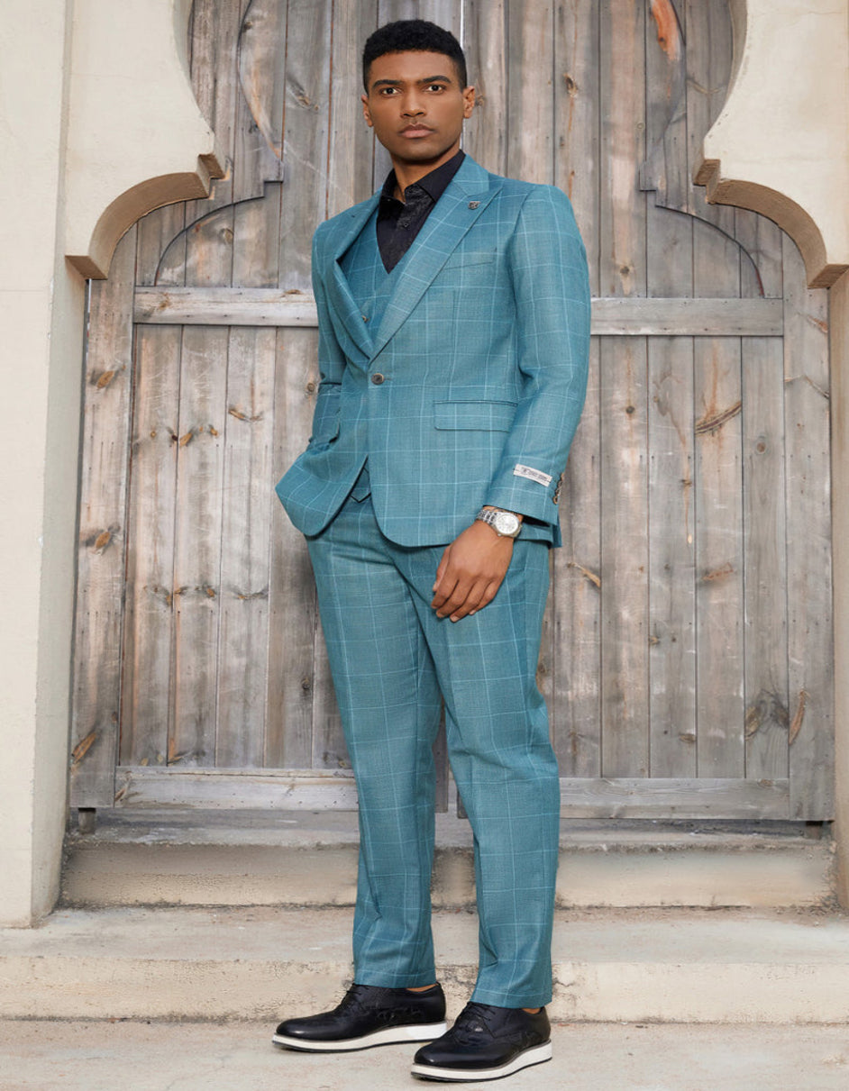 "Mens Stacy Adams Suit - Stacy Adams Suit Men's Teal Windowpane Suit - One Button Peak Lapel with Double Breasted Vest" - 34 Short