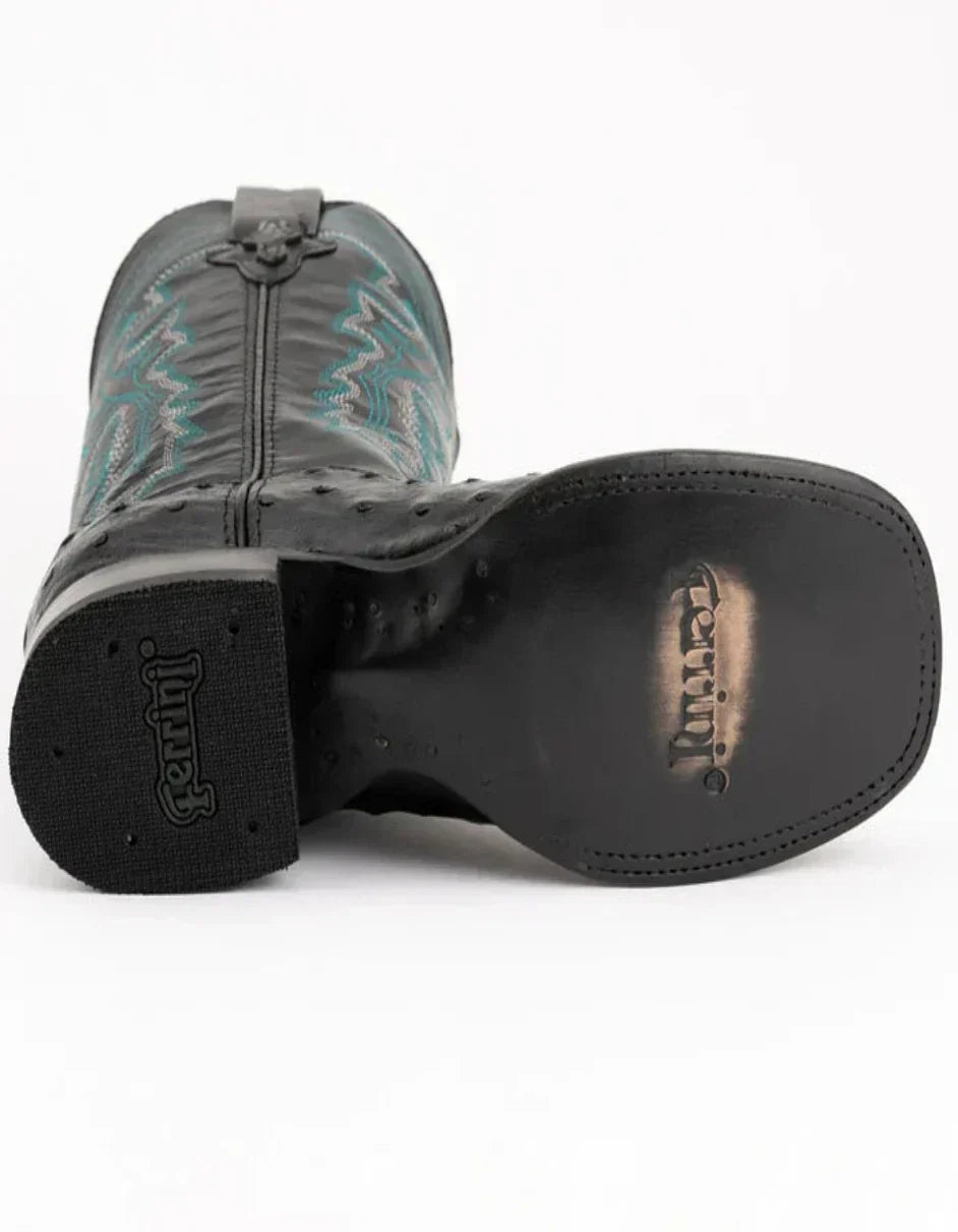 Ferrini Men's Colt Full Quill Ostrich Square Toe Boots Handcrafted - Black - 8D