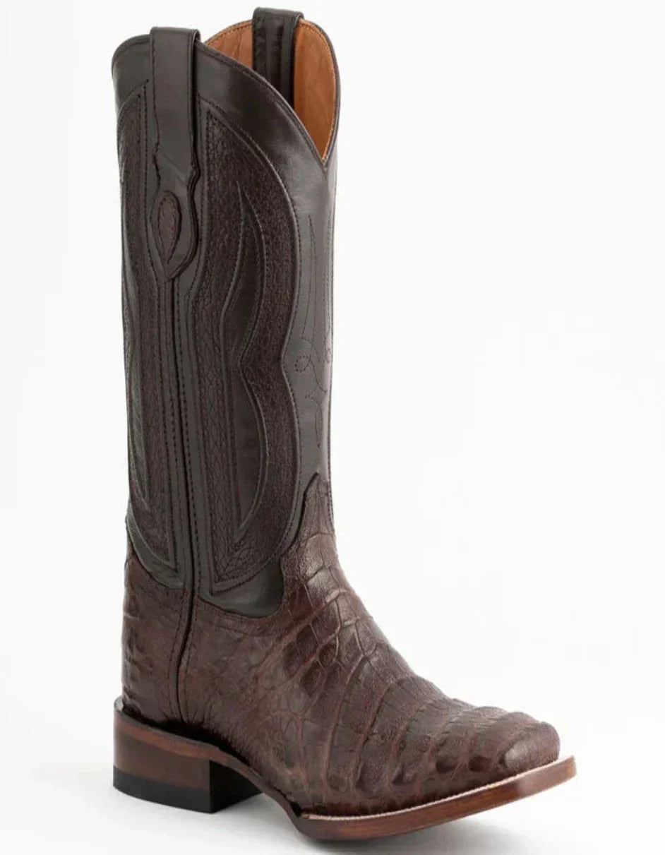 Ferrini Men's Dakota Belly Caiman Western Boots - Square Toe Handcrafted Chocolate - 8D