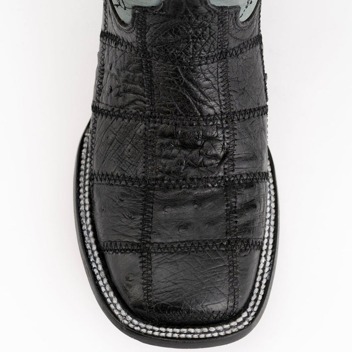 Ferrini Men's Pinto Patch Ostrich Square Toe Boots Handcrafted - Black - 6