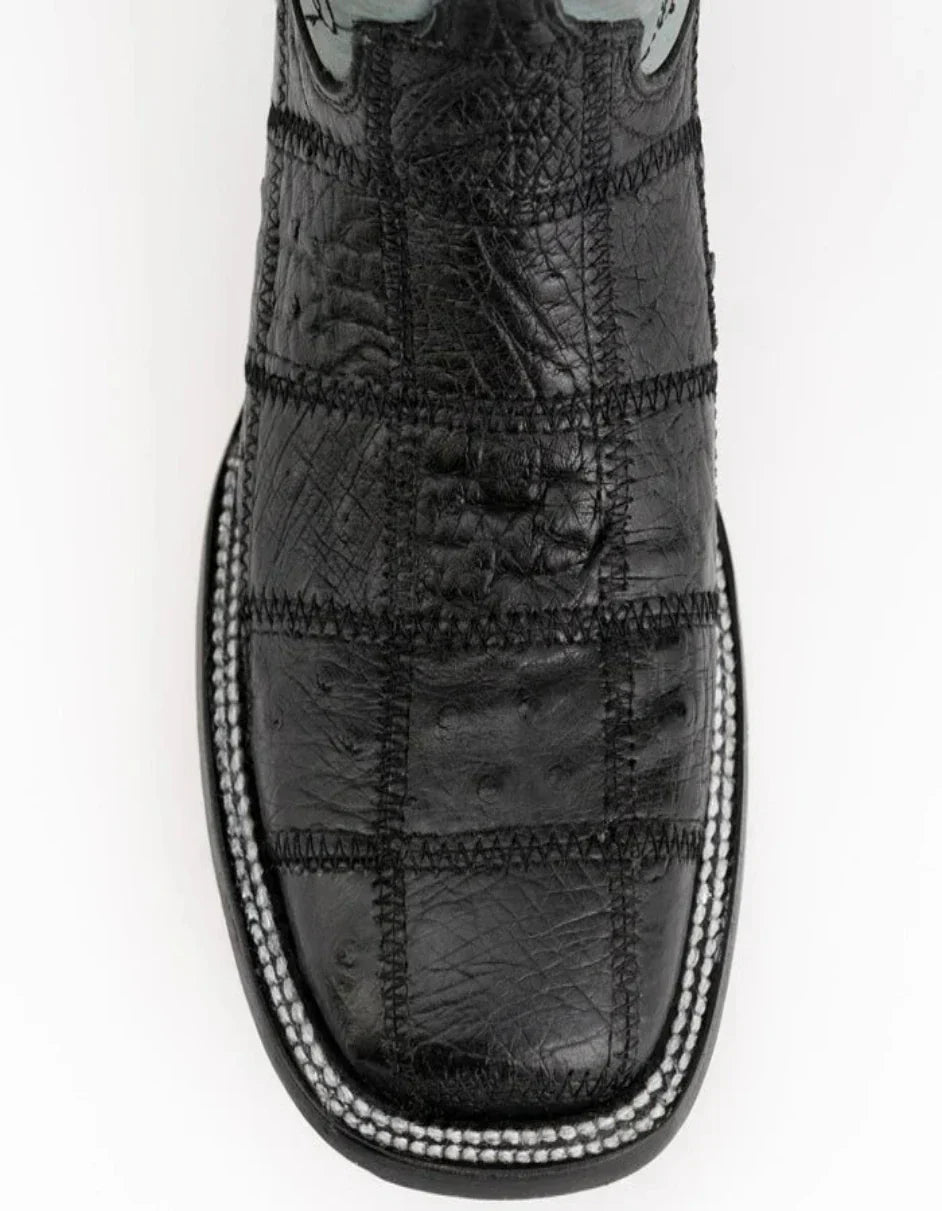 Ferrini Men's Pinto Patch Ostrich Square Toe Boots Handcrafted - Black - 8D