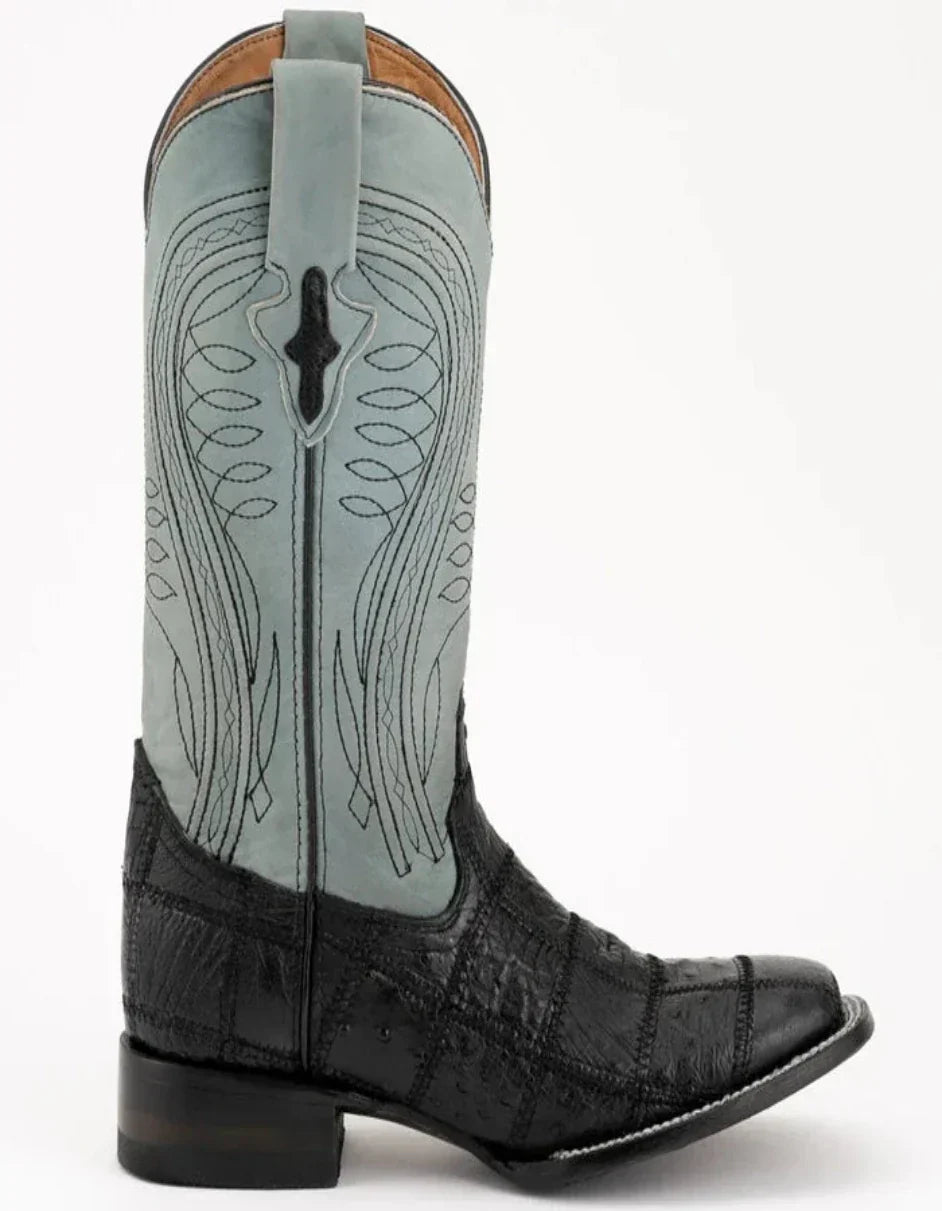 Ferrini Men's Pinto Patch Ostrich Square Toe Boots Handcrafted - Black - 8D