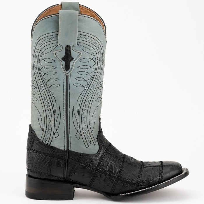 Ferrini Men's Pinto Patch Ostrich Square Toe Boots Handcrafted - Black - 6