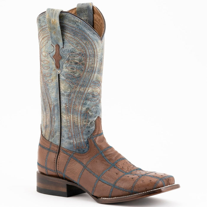 Ferrini Men's Pinto Patch Ostrich Square Toe Boots Handcrafted - Kango Brown - 6