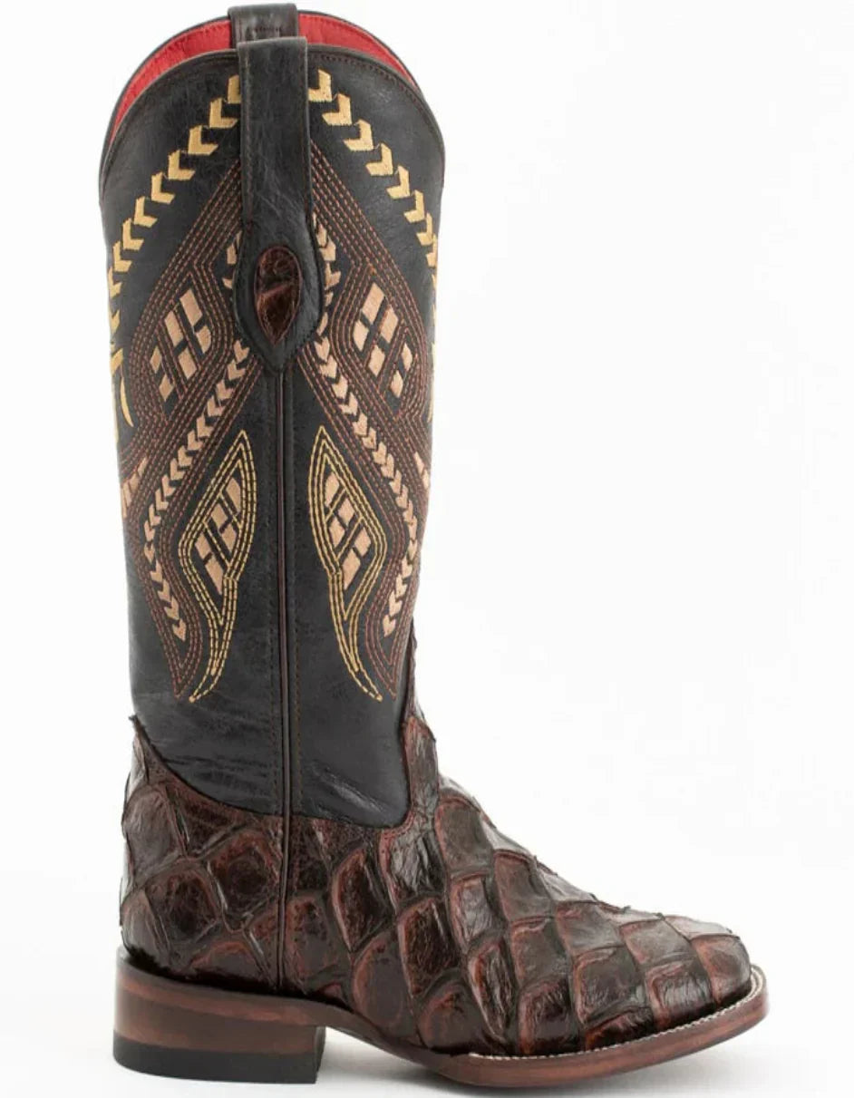 Ferrini Women's Bronco Square Toe Boots Pirarucu Fish Print - Chocolate - 6B
