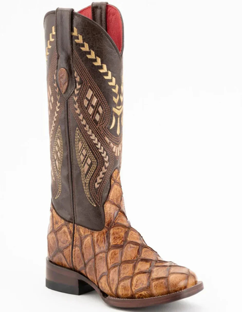 Ferrini Women's Bronco Square Toe Boots Pirarucu Fish Print - Cognac - Cognac